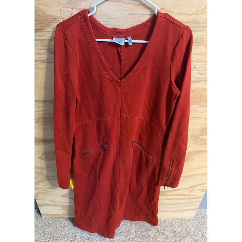 Athleta Medium Tall MT Burnt Orange Moto V Neck Dress Long Sleeve Zip Pocket